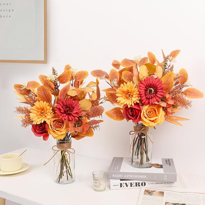 Artificial Fall Flowers for Decoration, Fall Fake Flowers in Vase Faux Silk Flower Arrangements Room Office Wedding Home Decor Indoor Tables Centerpieces Autumn Flowers Decor (Fall Flowers)