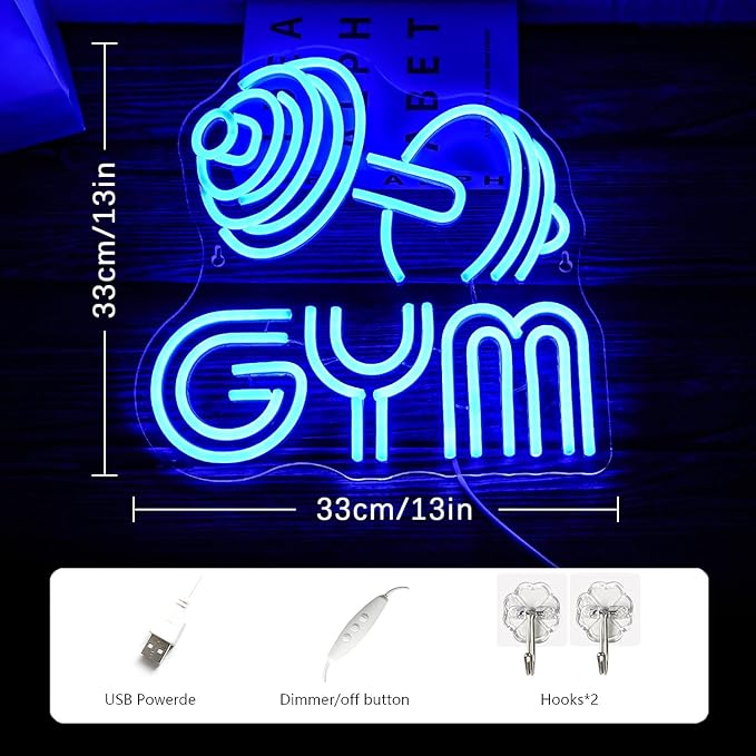 Dumbbell Neon Sign Barbell Gym Neon Signs Gym Letter Neon Light Gym Blue Barbell Neon Light Sign for Sports Room, Decor Club,Party Bar,Fitness Club Decoration(13x13inch)