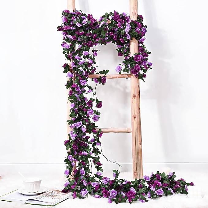BLEUM CADE 12Pcs 98.4Ft Flower Garland Artificial Rose Vines for Bedroom, Cute Fake Hanging Flower Vines Floral Garland Decorations for Wedding Party Wall Room Decor Aesthetic