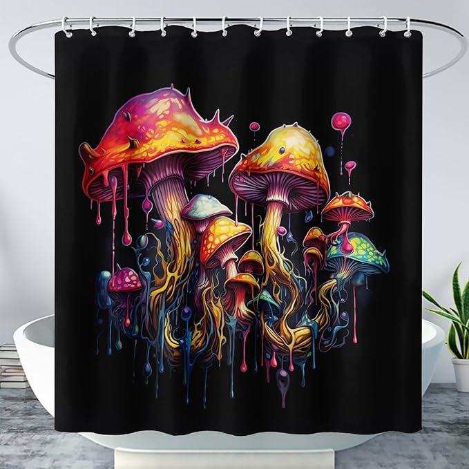 AILONEN Mushroom Shower Curtain,Oil Painting Mushroom Bath Curtain,Cartoon Mushroom Magic Fungus Print Black Waterproof Shower Curtain with 12 Plastic Hooks, 60" W x 72" H