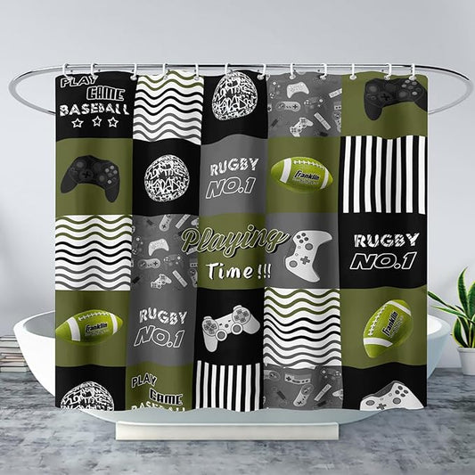 AILONEN Gamer Shower Curtain,Olive Green Ball Sports Waterproof Fabric Shower Curtain for Boys Kids Teens, 72" W*96" H Gaming Gamer Theme Shower Curtain Sets