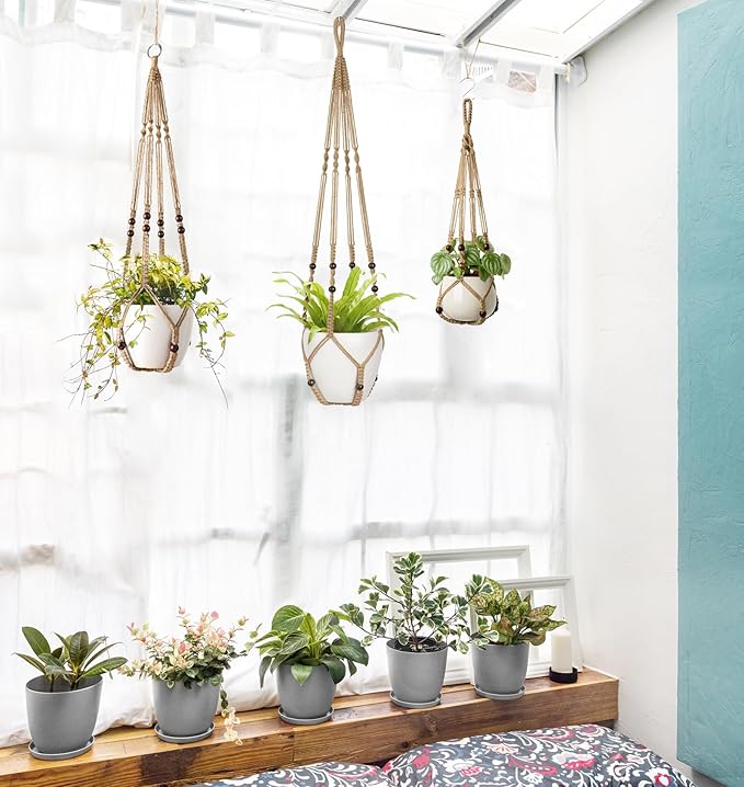 Mkono 3 Pack Macrame Plant Hangers Indoor Different Size Hanging Planter Basket Flower Pot Holder with Beads No Tasselss 43"/35"/29", Large, Brown