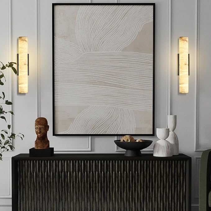 Bronze Alabaster Wall Sconces, 20" Natural Marble Wall Sconce, Hardwired Black Wall Sconces Indoor, Stone Wall Sconce Dimmable, Alabaster Wall Lamp for Living Room, Bathroom, Bedroom, Stair-Upgraded