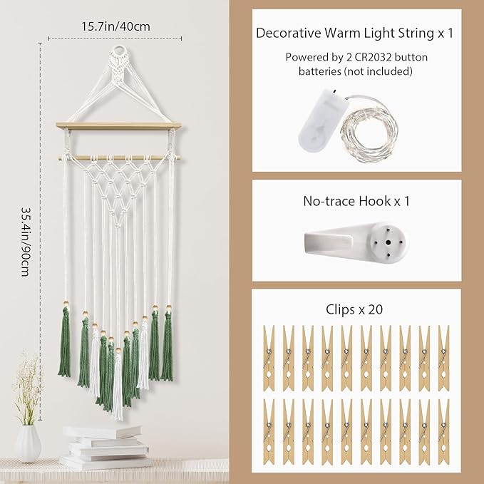 Macrame Wall Hanging Bohemian Photo Display Holder with Wooden Shelf Tassels Decorative LED Light Strings Hooks 20 Clips Boho Art Picture Card Hangers Handmade Tapestry Romantic Gift - Green