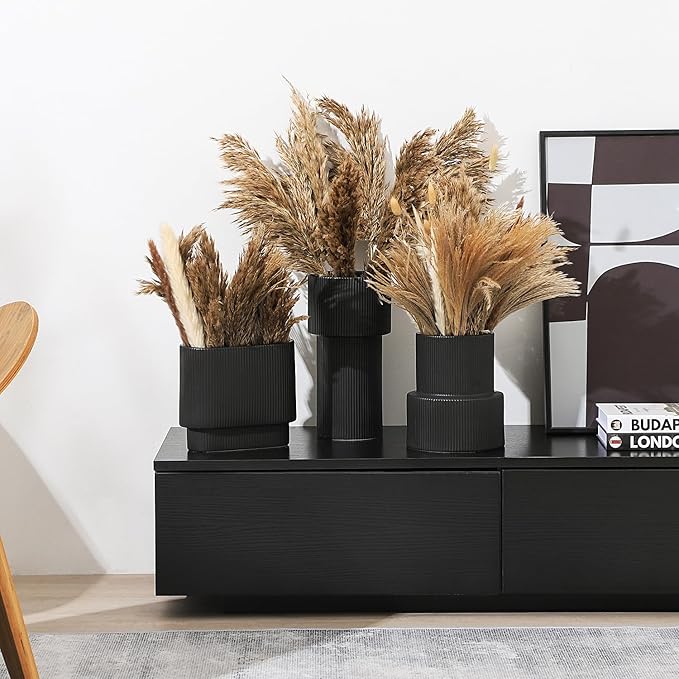 Large Black Ceramic Vase for Flowers, Large Ribbed Vase, Boho Decorative Vases for Modern Decor, Pampas Grass Vases for Living Room, Office, Mantel, Shelf, Entryway, 10 Inches