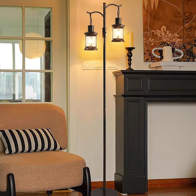 Vintage Dimmable Floor Lamp,2 Classical Lanterns Standing Lamp, Rustic Farmhouse Floor Lamp with Copper Black Finish, for Living Room (Red Copper)
