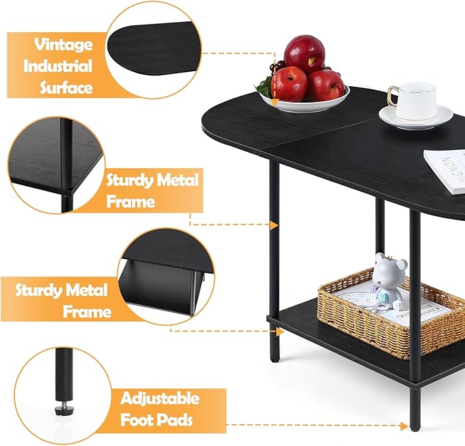 Coffee Tables for Living Room,2-Tier Small Coffee Table Industrial Modern Black Coffee Table with Storage Shelf and Wood Tabletop for Small Space,Home Office