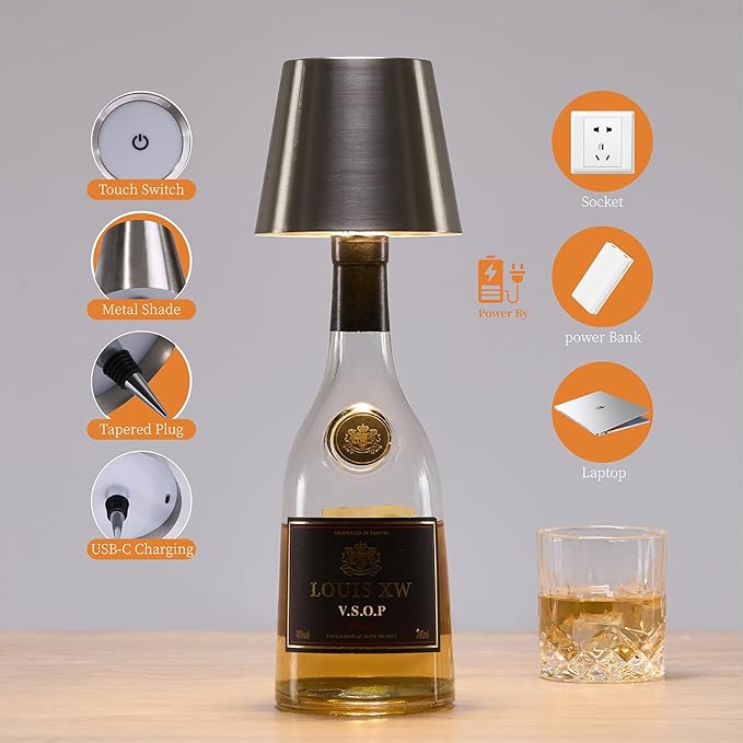 Rechargeable Bottle Lamp, LED Wine Bottle Light Ambient Light for Desk Table Bar Decor, Bottle Lamp Shade for Whiskey Wine Liquor Bottle, Shiny Silver