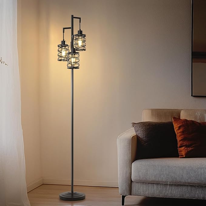 Oneach 68" Industrial Standing Floor Lamp, Stepless Dim Light with 3 Bulbs, Farmhouse & Corner Design, Tall Lamp for Home and Office, Black