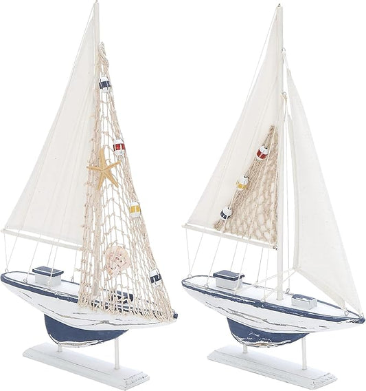 Deco 79 Wood Sail Boat Handmade Decorative Sculpture Home Decor Statues, set of 2 Accent Figurines 13" x 2" x 20", White