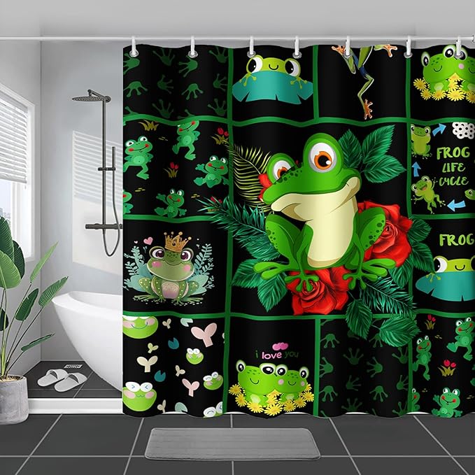 AILONEN Cartoon Frog Shower Curtain 72" W*72" H,Funny Frog Cartoon Green Animal Shower Curtain,Frog Lover Curtain Bathroom Decor Shower Curtain with 12 Hooks