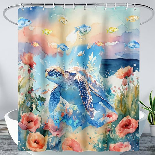 AILONEN Sea Turtle Shower Curtain,Watercolor Sea Turtle Bath Curtain for Girls Girls,Ocean Animal Fish Tie Dye Flower Shower Curtain for Bathroom Decor Waterproof with 12 Plastic Hooks, 36" W*72" H