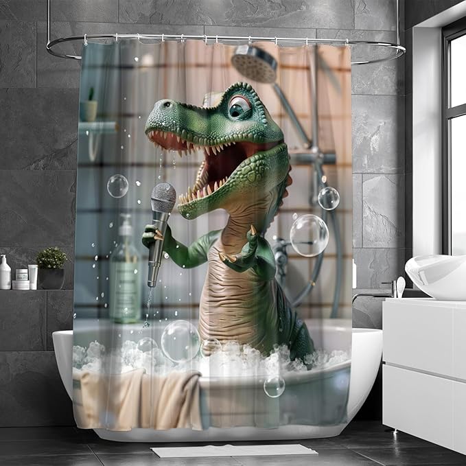 Funny Dinosaur Shower Curtain Cartoon Animal Shower Curtains for Kids Bathroom Decor Waterproof Polyester Fabric Bathroom Curtain with Hooks 72x72 Inch