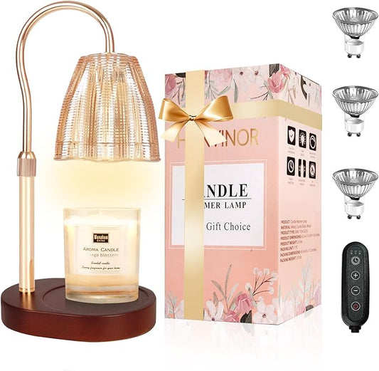Candle Warmer Lamp with Timer & Dimmer, Candle Warmer Height Adjustable, Fits All Jar Scented Candles, Candle Lamp with 3 Bulbs, Charming Gift Box with Ribbon for Gifting