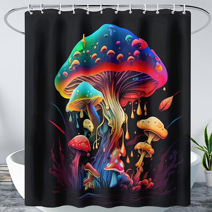 AILONEN Magic Mushroom Shower Curtain,Colorful Mushroom Shower Curtain Set for Bathroom,Natural Fungus Waterproof Fabric Bath Curtain for Kids Girl,Boho Style Bathroom Curtain with Hooks, 60" W*72" H