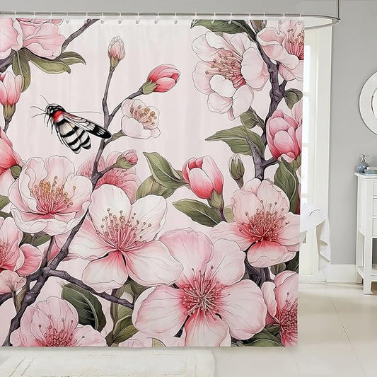 Feelyou Peach Blossom Fabric Shower Curtain for Kids Boys Girls Flower Floral Bathroom Waterproof Accessories with 12 Hooks Pink Shower Curtain Honey Curtains,72x84 Inches