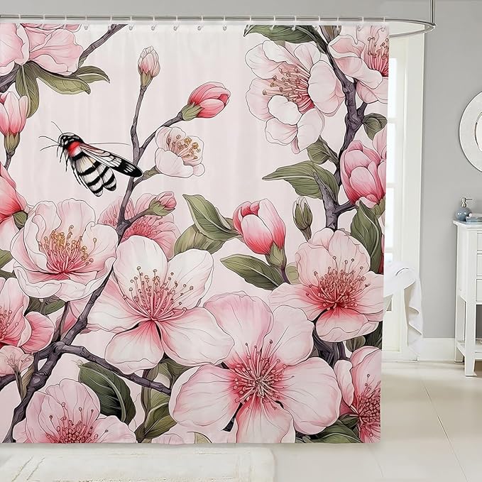 Feelyou Peach Blossom Fabric Shower Curtain for Kids Boys Girls Flower Floral Bathroom Waterproof Accessories with 12 Hooks Pink Shower Curtain Honey Curtains,72x72 Inches
