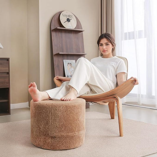 Tiita Pouf Ottoman and Foot Rest, Round Foam Stuffed Floor Pouf with Storag for Living Room, Brown