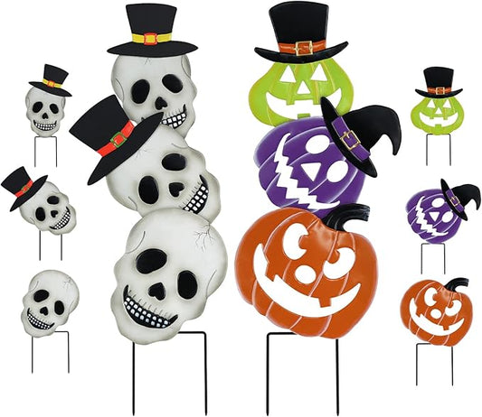 hogardeck Halloween Decorations Outdoor, 2PCS Stacked Skull Pumpkin Decorative Garden Stakes for Halloween Decor, Metal Yard Signs for Outside Garden Lawn Porch Party Decorations