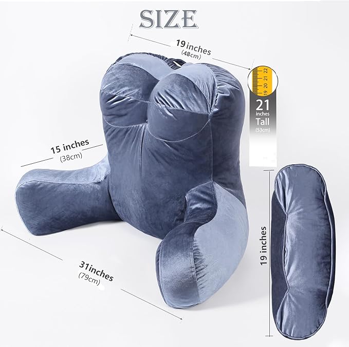 Reading Pillow 31”Wx21”H Back Pillow for Bed Sitting Up, Bed Pillow with Shredded Memory Foam with Arm Backrest, Back Support Pillow with Leg Pillow and Pocket for Reading/Gaming/Relaxing