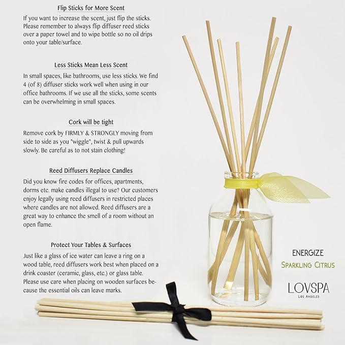 LOVSPA Sparkling Citrus Scented Sticks Reed Diffuser Set - Energize - A Spring Scent of Bright Lemons & Fresh Greens - Citrus, Sage & Sandalwood - Best Birthday Gift Idea!