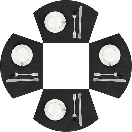 SHACOS Small Round Table Placemats Wedge Placemat Set of 4 Non Slip Heat Resistant Woven Vinyl Table Mats Wipe Clean Indoor Outdoor (4, Black)