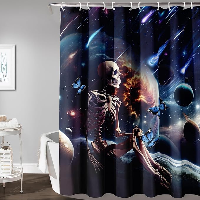 AILONEN Skull Shower Curtain for Kids,Solar System Skeleton Bath Curtain for Bathroom Decor,Galaxy Skull Polyester Waterproof with 12 Plastic Hooks for Boys Girls 36" W*72" H