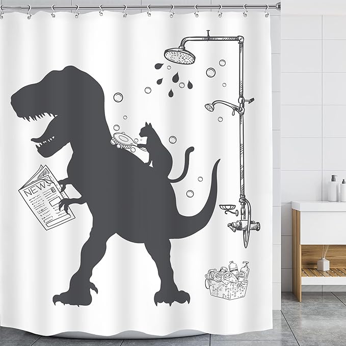 LGhtyro Funny Dinosaur Kid Shower Curtain Bathroom Set 60Wx71H Inches Cartoon Dino Cat Trex Animal Raptor Silhouette Shadow Bath Accessories Black White for Boys Art Home Decor Fabric 12 Pack Hooks