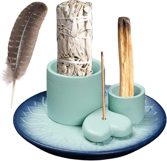4 in 1 Incense Burner Holder,Incense Sage and Palo Santo Holder,Incense Stick Holder,Ceramic Incense Holder Ash Catcher,for Meditation Room (Black + Blue)