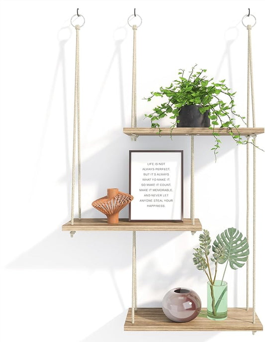 Fixwal Hanging Shelves for Wall, 3 Tier Boho Wall Decor Plant Rack Floating Shelves Rope Rustic Wood Organizer Storage Hanger for Aesthetic Home Bedroom Kitchen Bathroom- Rustic Brown