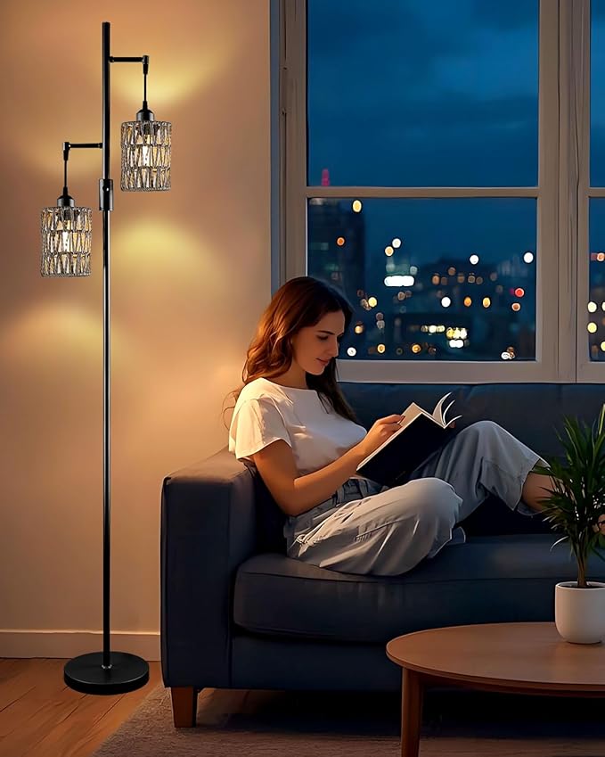 Lightdot 65" Dimmable Floor Lamp for Living Room, Industrial 2-Light Tree Floor Lamp with Black Rattan Cages, Bohemian Tall Standing Lamps, Modern Floor Lighting for Bedroom Office, E26 Base