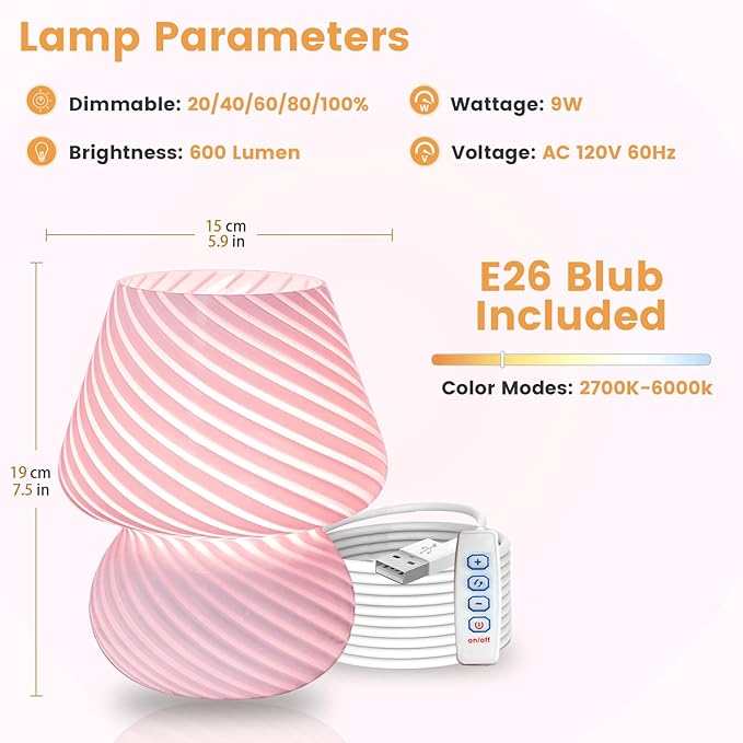 Dorm USB Plug-in Mushroom Lamp Small Bedside Table Lamp with 3 Temperature LED Bulb, Free Dimming Nights Light for Bedroom/Living Room/Entryway/Corner/Table Decor (Stripe Pink)