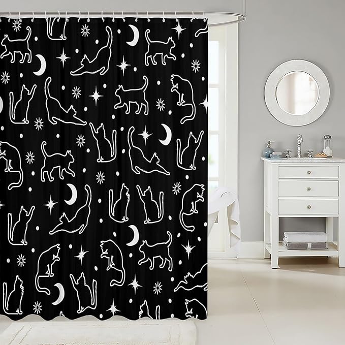 Manfei Cartoon Cats Silhouettes Kids Shower Curtains,Sun Moon Starry Sky Boho Bathroom Curtains for Girls Boys,Cute Cats Abstract Black White Fashion Waterproof Curtains,12 Hooks Suits,72" W x 84" L