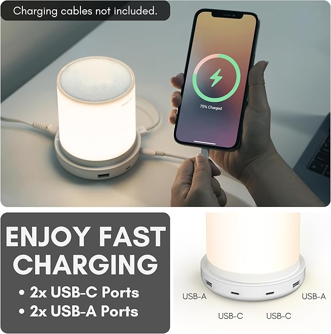 Macally Small Bedside Lamp with USB Ports (USB C + A) - Fast Charging Bedside Light and 3 Way Dimmable Touch Lamp for Nightstands - Great as a Night Light and Charger for Bedrooms