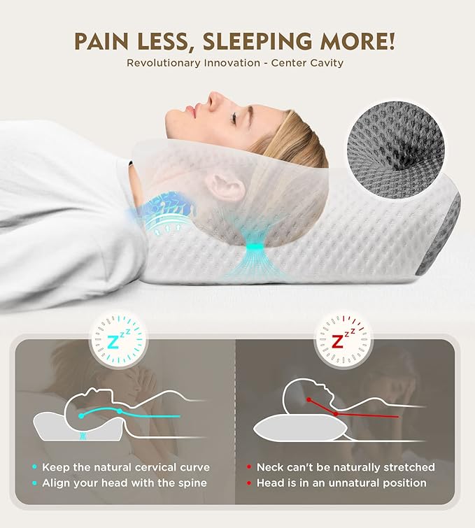 Osteo Cervical Pillow for Neck Pain Relief, Hollow Design Odorless Memory Foam Pillows with Cooling Case, Adjustable Orthopedic Bed Sleeping, Contour Support Side Back Stomach Sleepers