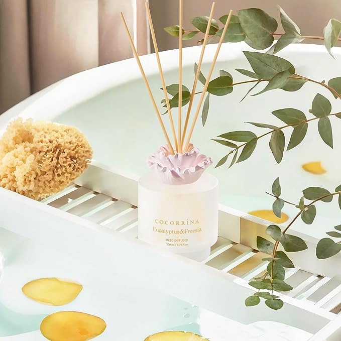 Cocorrina Gypsum Flower Reed Diffuser Set for Bathroom Décor – Eucalyptus & Freesia Scent, 6.76 oz with Sticks & Oil – Home Fragrance for Bathroom & Living Space