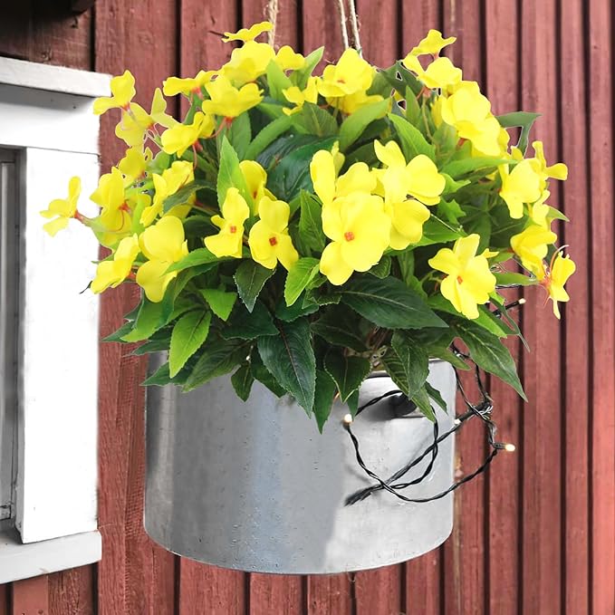 4 Pcs Artificial Flowers Outdoor Impatiens UV Resistant Silk Impatiens Flowers Yellow Faux Flowers Impatiens Bushes Artificial Impatiens for Pot Patio Lawn Garden Hanging Basket Porch Decor