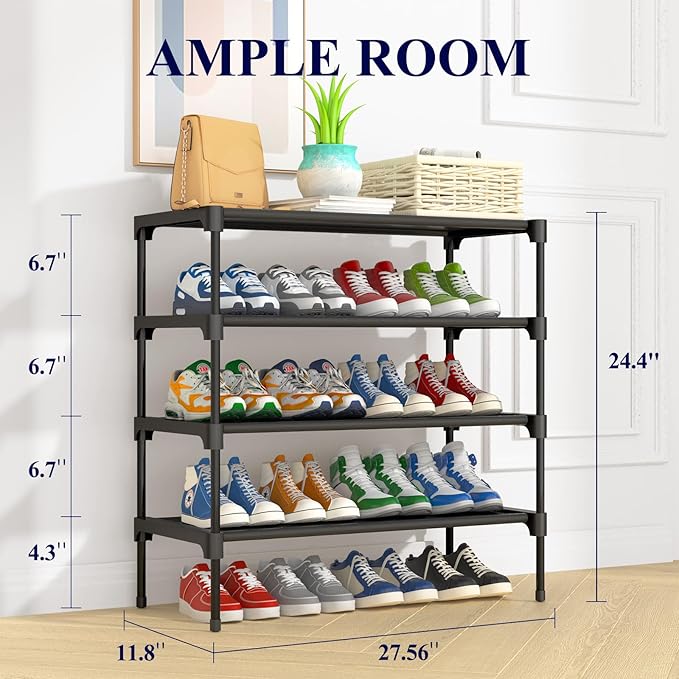 Kitsure Shoe Rack - Premium Non-Woven Shoe Rack Shelf, Shoe Organizer for Closet, Entryway, Garage & Corridor, Sturdy & Durable Long Stackable Shoe Shelves, X-Large, Black