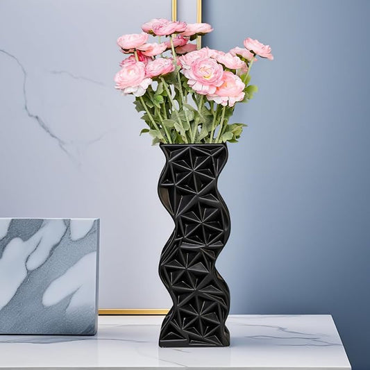 Modern Black Ceramic Tall Vase, 15.94" Large Vase for Living Room, Shelf, Table - Minimalist Twisted Design
