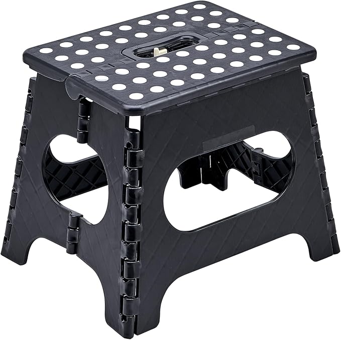Folding Step Stool with Safety Lock, 11 Inch Pastic Foldable Stool for Adults & Kids, Portable Stepping Stool for Bathroom, Kitchen, with Anti-Skid Dots, Hold Up to 250lbs (Black, 11 Inch)