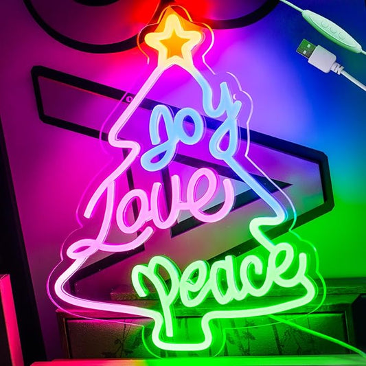 KHK JOY LOVE PEACE Neon Sign CHRISTMAS TREES Led Neon Pink Lights for Bedroom Led Sign USB Powered for Wall Decor Dimmable for Christmas Thanksgiving Birthday Party Girls Gifts