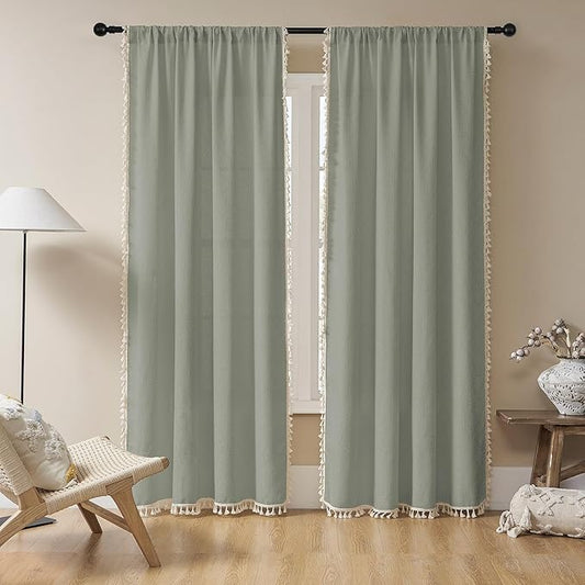 Joydeco Custom Boho Curtains - 1 Panel, Super Soft Light Filtering Country Rustic Semi Sheer Curtains for Bedroom & Living Room, Greyish Green