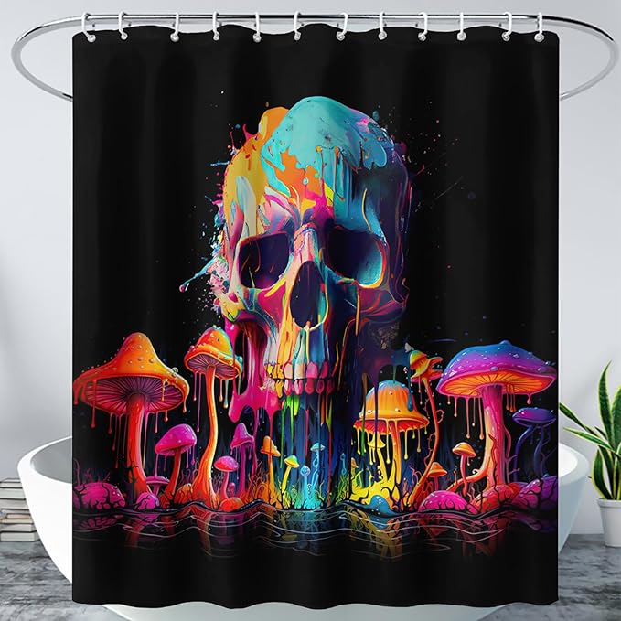 AILONEN Mushroom Skull Shower Curtain for Bathroom, 3D Oil Painting Mushroom Skull Bath Curtain for Kids Boys Girls,Modern Abstract Print Waterproof Black Curtain with 12 Plastic Hooks, 48" W*72" H