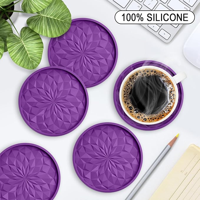 ME.FAN Silicone Coasters with Holder,[6 Pack] Drinking Coasters - Cup Mat for Hot or Cold Drinks, Thickened, Non-Slip, Non-stick,Deep Tray Dark Purple