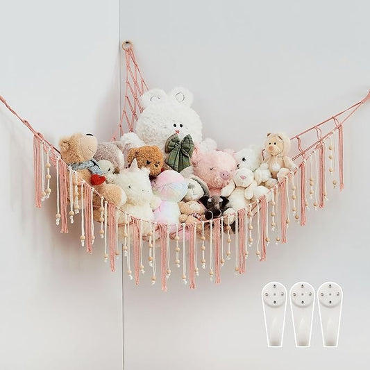 Pretty Jolly Stuffed Animal Storage Hammock with Wooden Beads Corner Hanging Net Boho Tassel for Toy Plush Holder for Kid Room Nursery Decor Wall Display Organizer for Girls Boy Gift(Leather Pink)