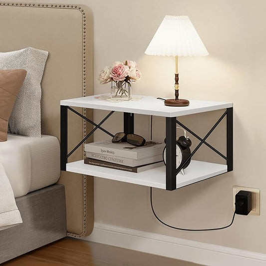Homode Floating Night Stand, Modern Bedside Shelf Wall Mount, Wood Hanging Nightstand with Wire Hole, Floating Side Table for Bedroom Bathroom Living Room Small Places, White