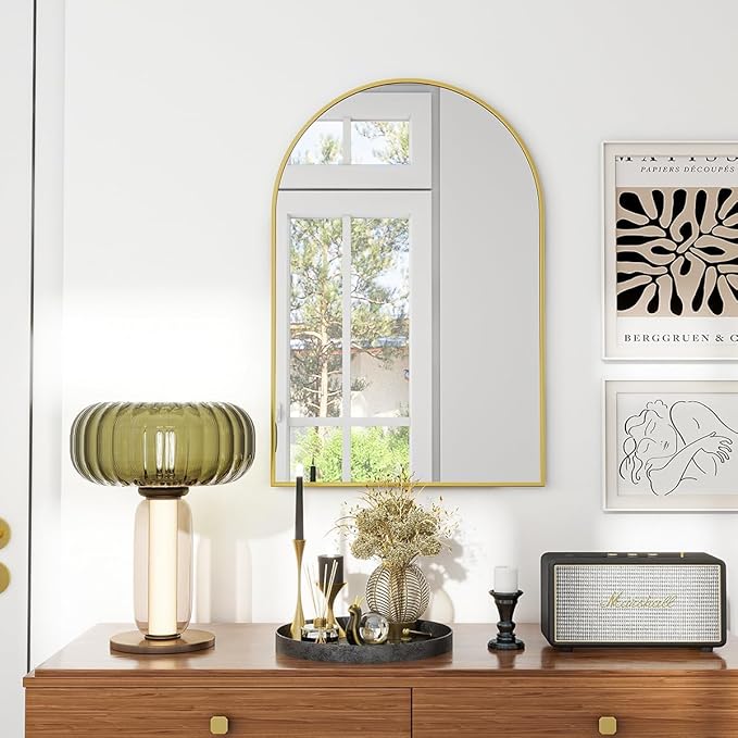 Arched Wall Mirror, 16 x 24 inch Arch Bathroom Mirror, Wall Mounted Vanity Mirror with Arch Metal Frame, Modern Bathroom Vanity Mirror for Bedroom, Living Room, Hanging or Leaning, Gold