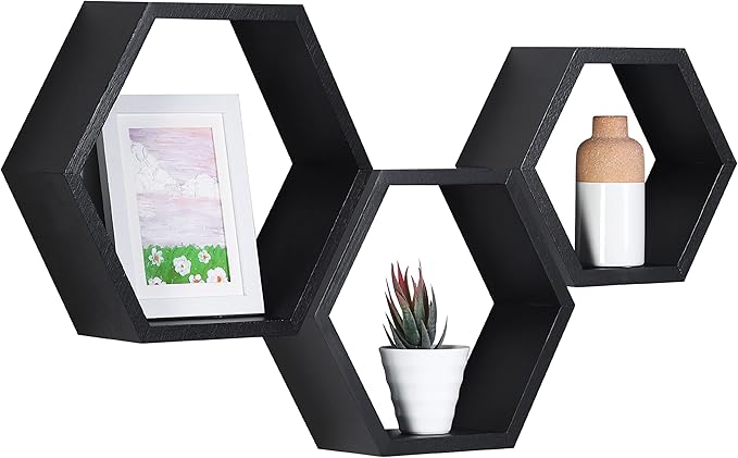 PHOENANCEE Hexagon Floating Shelves,Honeycomb Shelves Set of 3,Wall Mounted Wood Farmhouse Hexagonal Storage Wall Shelf for Bathroom, Kitchen, Bedroom, Living Room