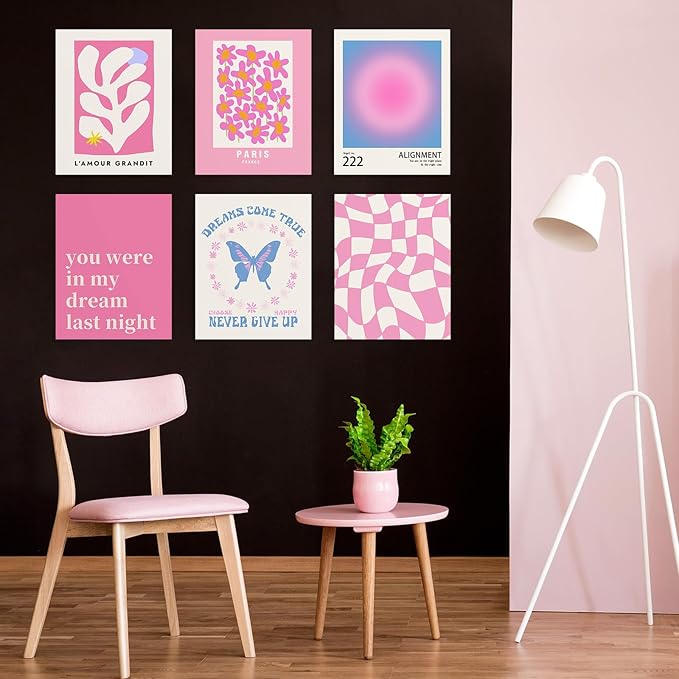 Habseligkeit Pink Wall Art Prints, Gradient Wall Posters, Buttefly Wall Art, Pink Room Decor for Grils Aesthetic Bedroom 8x10inch, Unframed, Set of 6