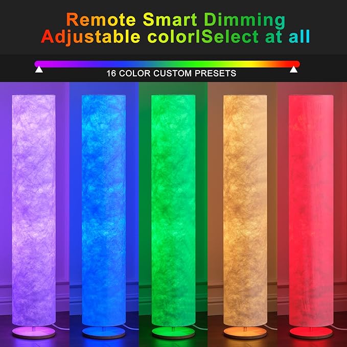 LED Soft Light Floor Lamp, 52" Simple Design Morden Slim RGB 16 Color Changing Tyvek Fabric Shade Dimmable Remote Control & 2 Smart LED Bulbs Standing Lamp for Living Room Bedroom Game Room